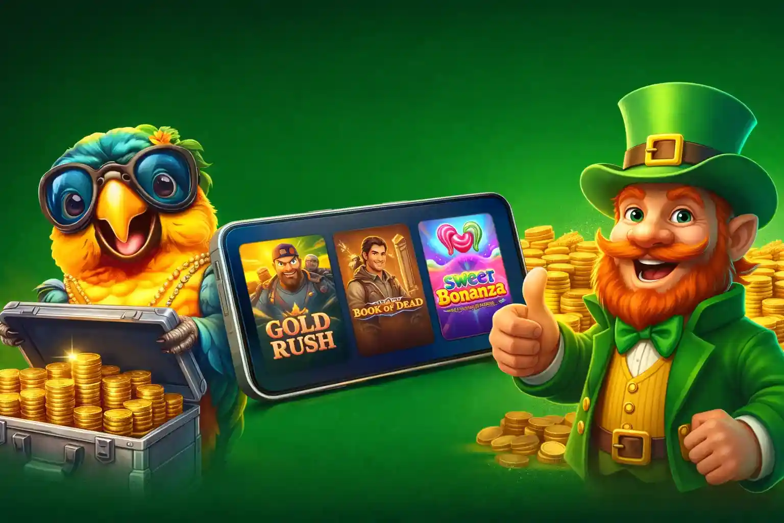 Parrot and leprechaun celebrating casino bonuses with gold coins