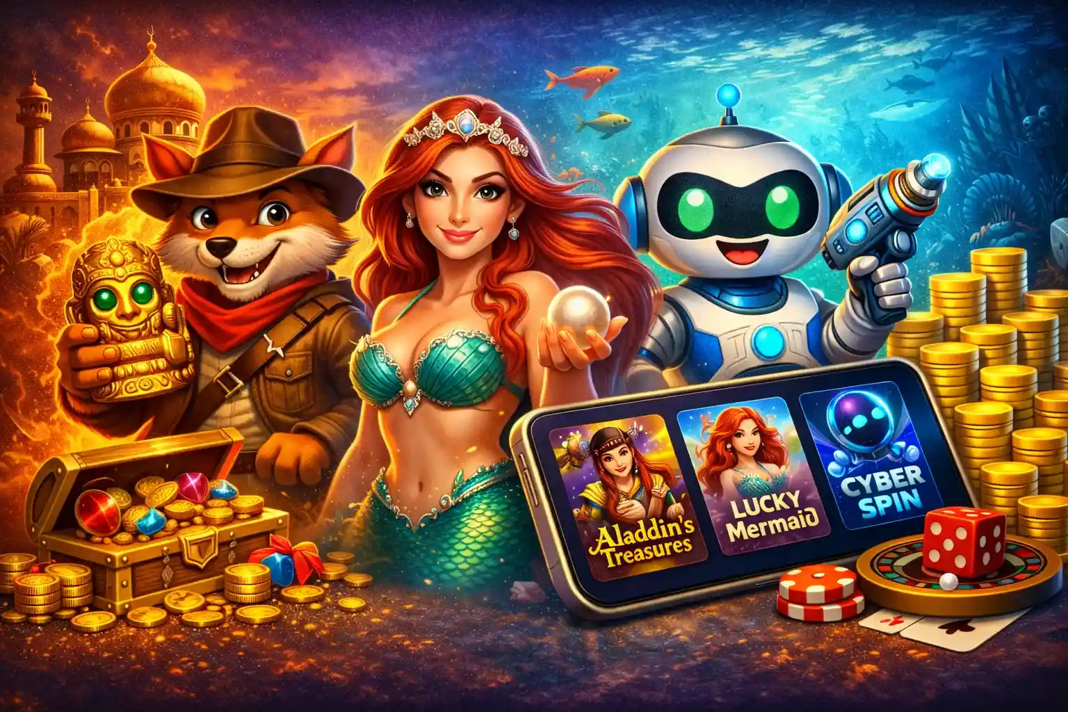 Fantasy Slot Heroes Colorful fantasy casino heroes with mobile slots and gold coins