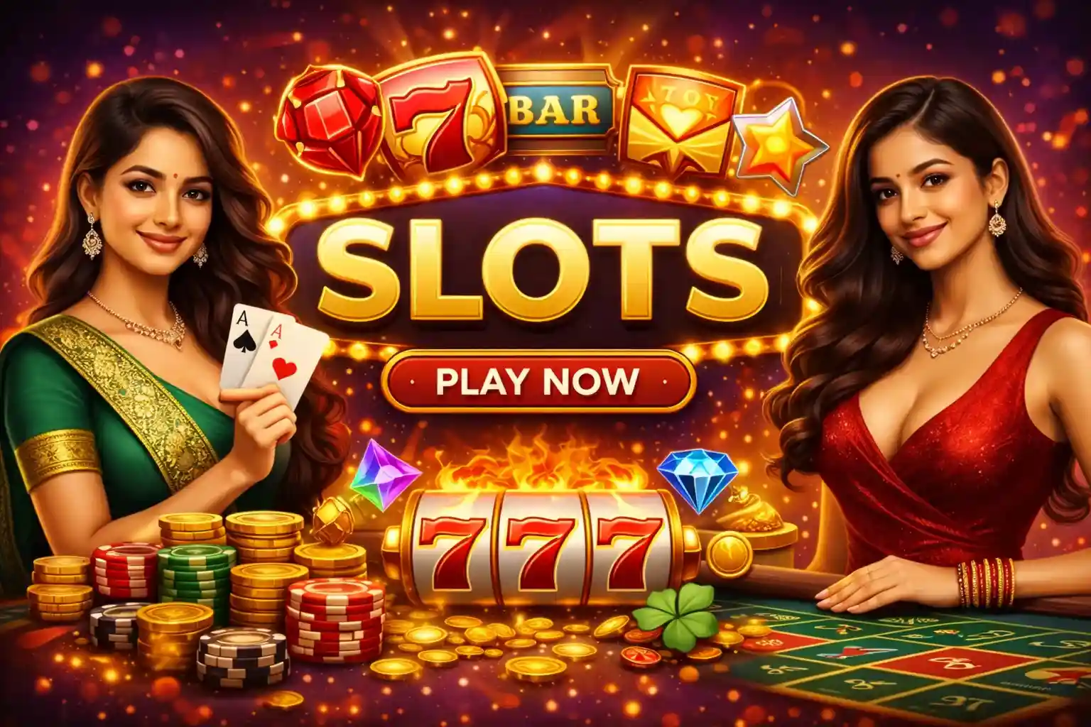 Glamour slot banner with reels, cards, chips and jackpot symbols