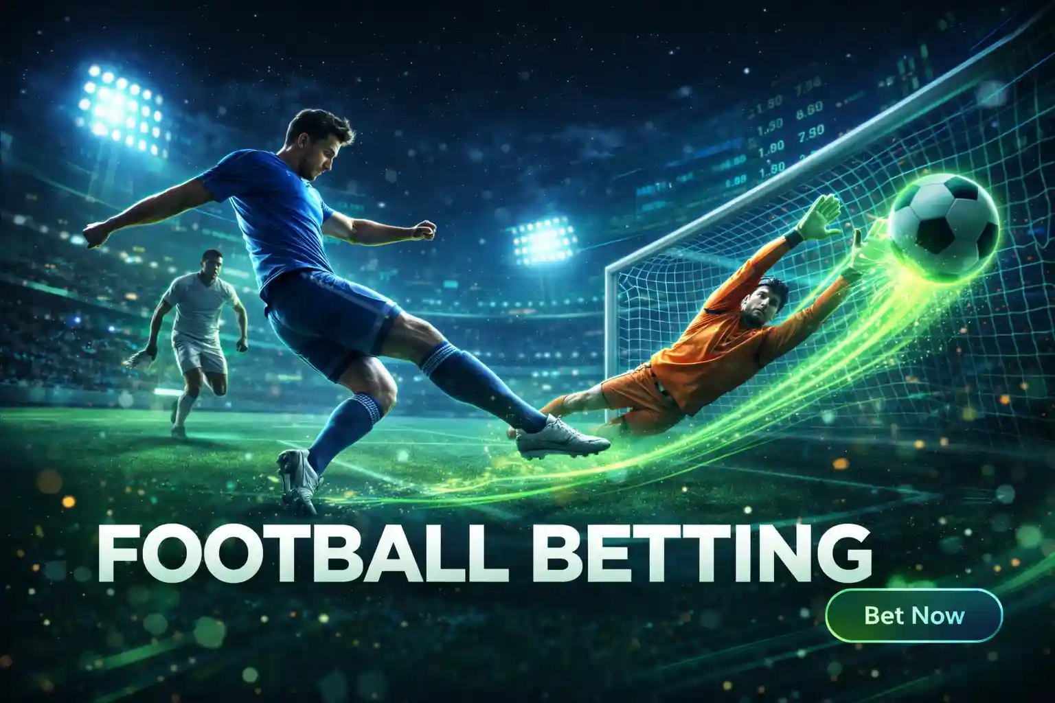 Football betting moment with striker scoring and glowing goal effects